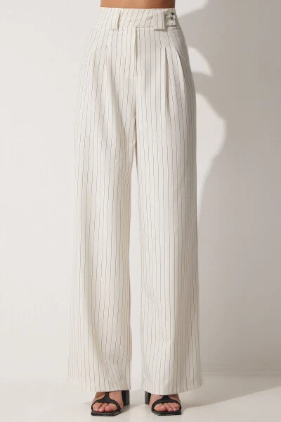 Women's Open Cream Pleated Wide Leg Trousers GK00008 - 4