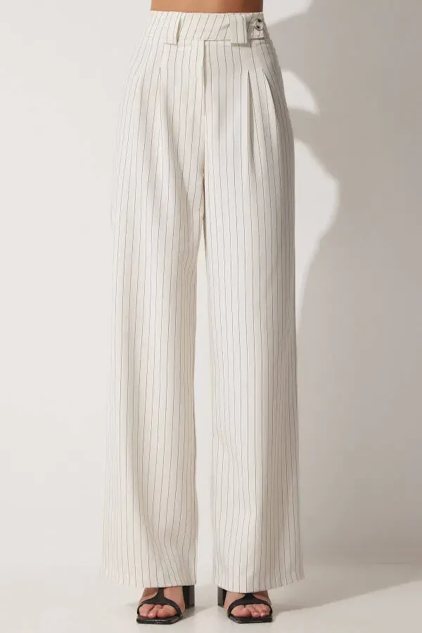 Women's Open Cream Pleated Wide Leg Trousers GK00008 - 4