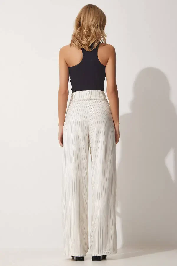 Women's Open Cream Pleated Wide Leg Trousers GK00008 - 5