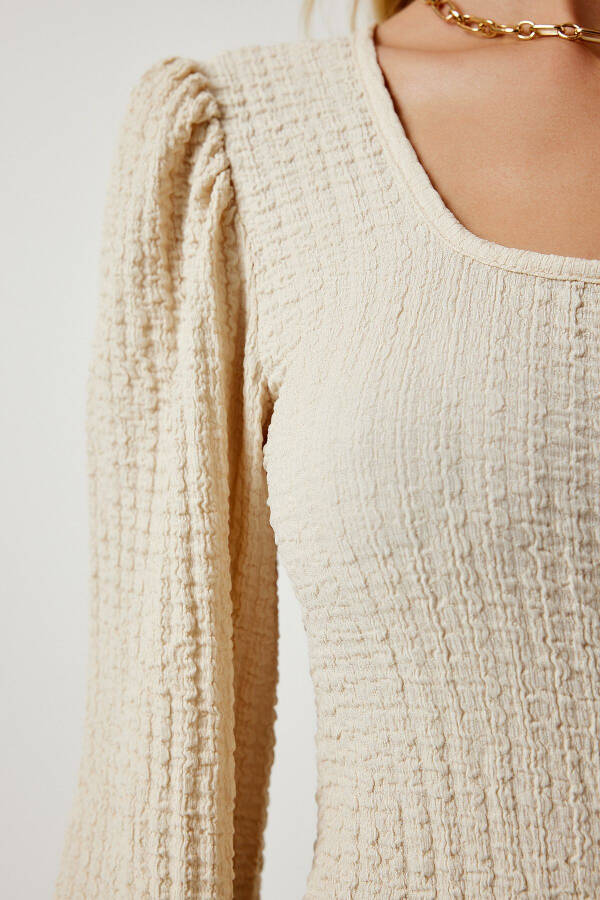 Women's Open Cream Square Neck Textured Knit Blouse DD01111 - 4