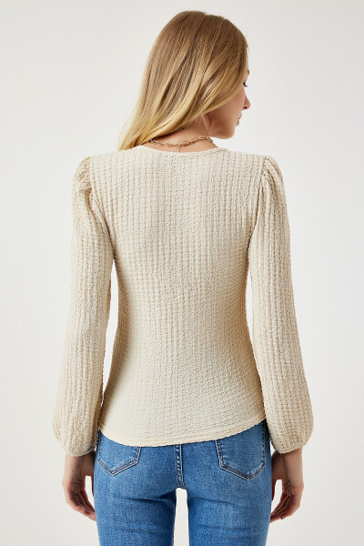 Women's Open Cream Square Neck Textured Knit Blouse DD01111 - 5