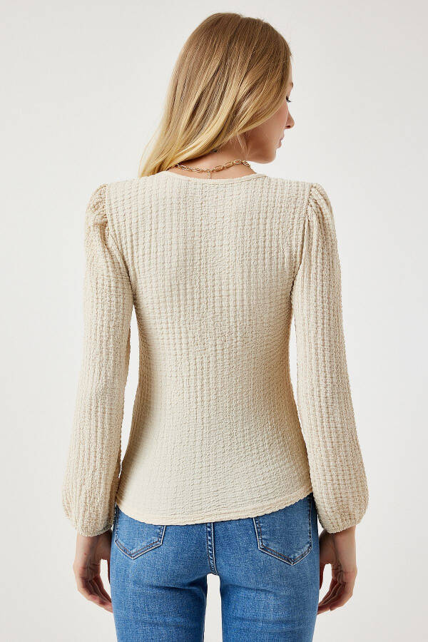 Women's Open Cream Square Neck Textured Knit Blouse DD01111 - 5