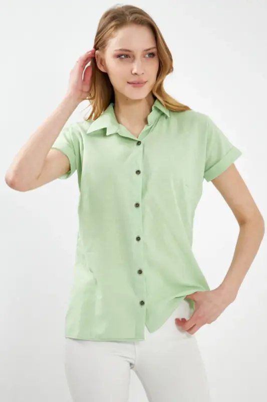 Women's Open Green Short Sleeve Cotton Blouse ARM-24Y0010 - 2