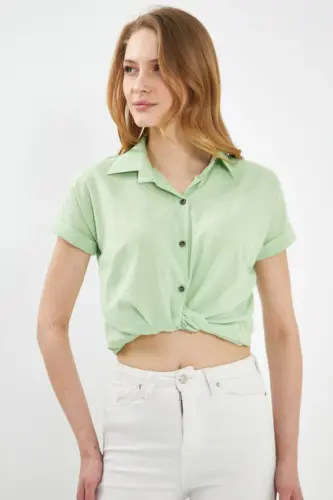 Women's Open Green Short Sleeve Cotton Blouse ARM-24Y0010 - 3