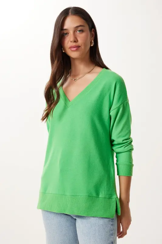 Women's Open Green V-Neck Yumoş Knit Sweater UB00197 - 3