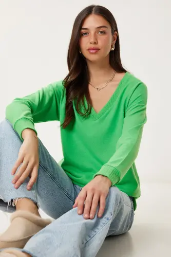Women's Open Green V-Neck Yumoş Knit Sweater UB00197 - 1