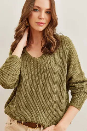 Women's Open Khaki V Neck Knitted Oversize Knit Tunic TNK-19000081-Open Khaki - 1