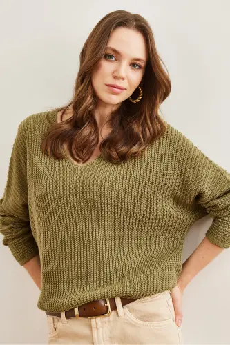 Women's Open Khaki V Neck Knitted Oversize Knit Tunic TNK-19000081-Open Khaki - OLALOOK (1)