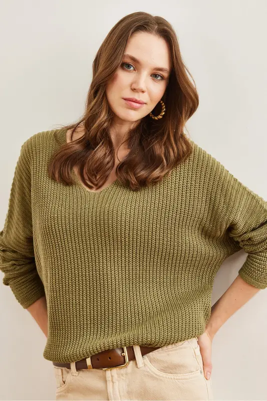 Women's Open Khaki V Neck Knitted Oversize Knit Tunic TNK-19000081-Open Khaki - 2