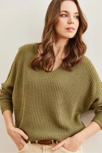 Women's Open Khaki V Neck Knitted Oversize Knit Tunic TNK-19000081-Open Khaki - 3