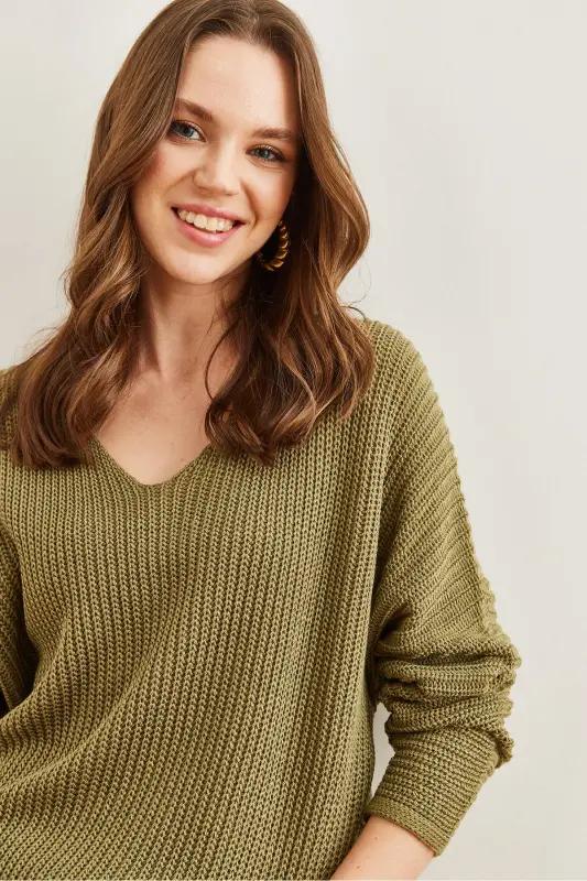 Women's Open Khaki V Neck Knitted Oversize Knit Tunic TNK-19000081-Open Khaki - 4