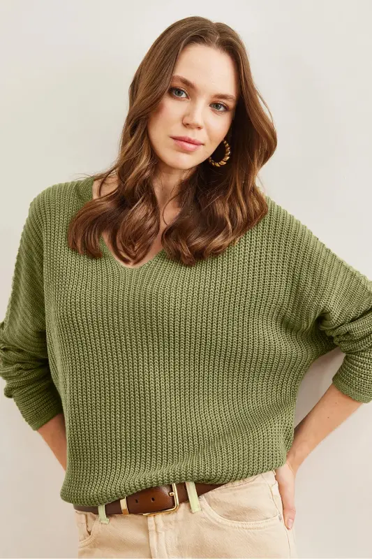 Women's Open Khaki V Neck Knitted Oversize Knit Tunic TNK-19000081-Open Khaki - 2