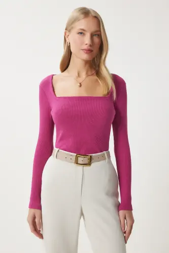 Women's Open Murky Square Neck Ribbed Knit Blouse GT00052 - 5