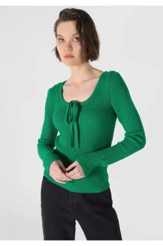 Women's open neck, green knitted sweater (Regular Fit) - 4