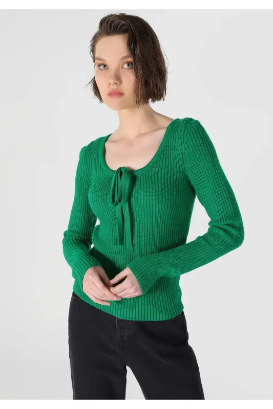 Women's open neck, green knitted sweater (Regular Fit) - 4