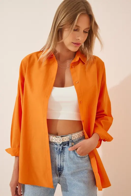 Women's Open Orange Oversize Long Basic Shirt DD00842-Open Orange - HAPPINESS İSTANBUL