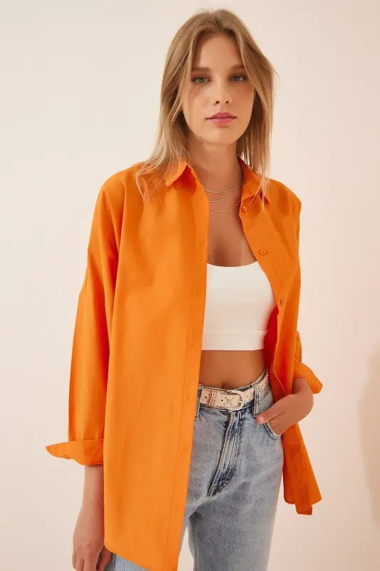 Women's Open Orange Oversize Long Basic Shirt DD00842-Open Orange - 2