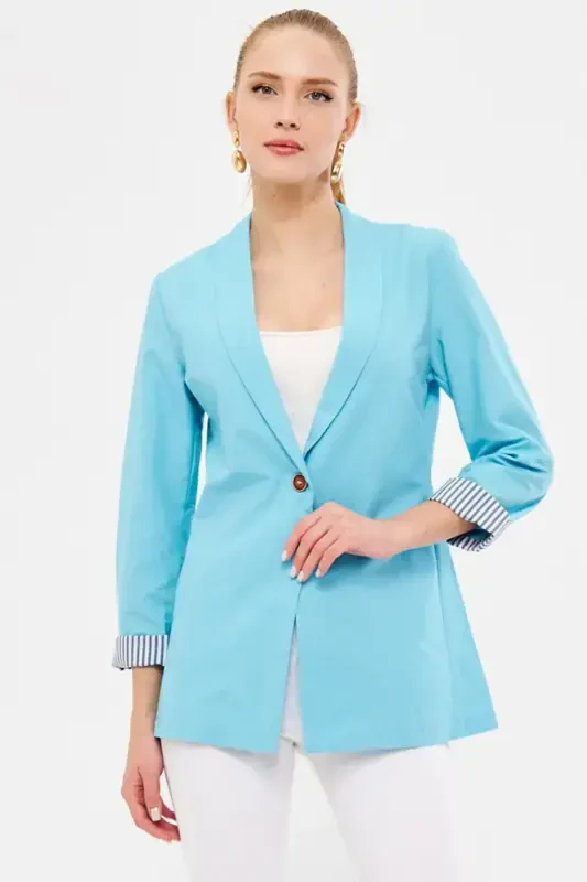 Women's Open Turquoise Striped Inner Sleeve Single Button Jacket ARM-22K001122-Light Turquoise - 1