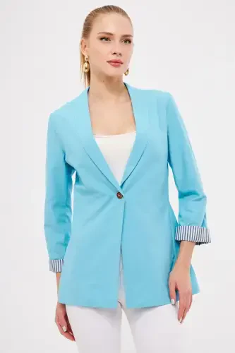 Women's Open Turquoise Striped Inner Sleeve Single Button Jacket ARM-22K001122-Light Turquoise - ARMONIKA (1)