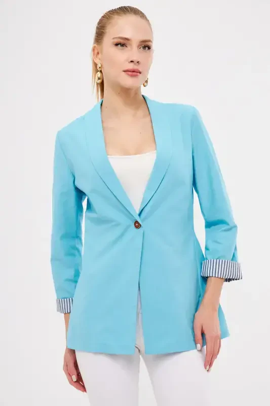 Women's Open Turquoise Striped Inner Sleeve Single Button Jacket ARM-22K001122-Light Turquoise - 2