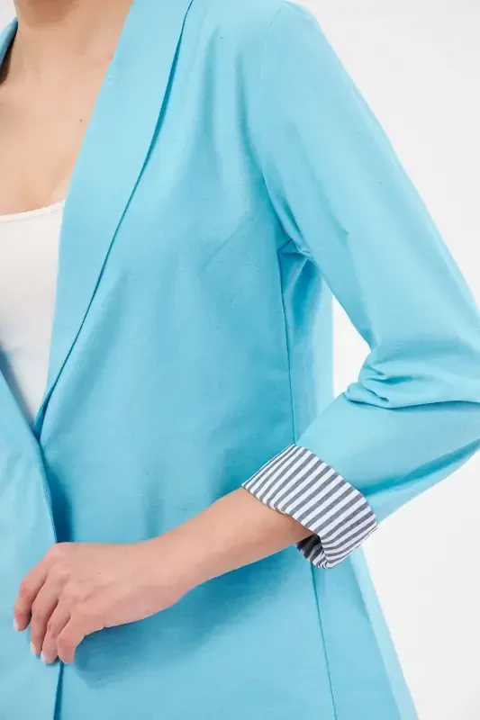 Women's Open Turquoise Striped Inner Sleeve Single Button Jacket ARM-22K001122-Light Turquoise - 3