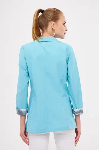 Women's Open Turquoise Striped Inner Sleeve Single Button Jacket ARM-22K001122-Light Turquoise - 4