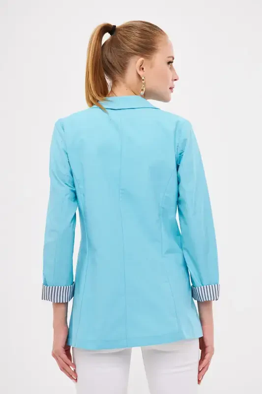 Women's Open Turquoise Striped Inner Sleeve Single Button Jacket ARM-22K001122-Light Turquoise - 4