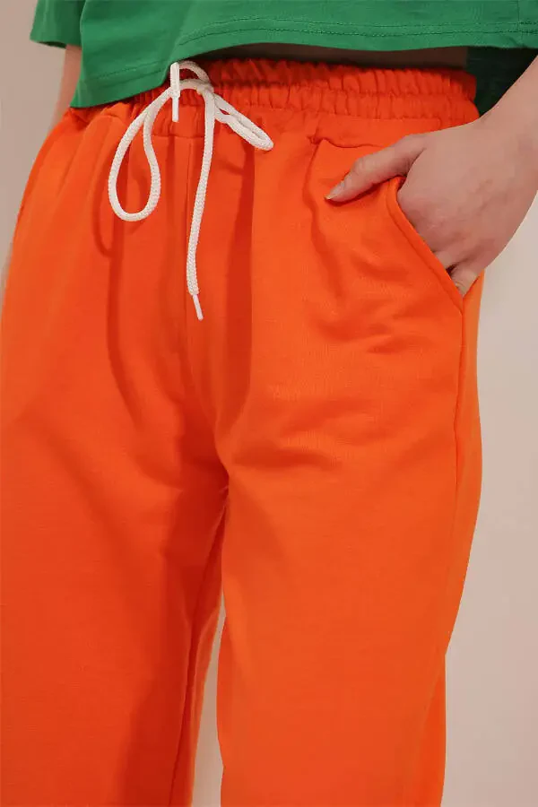 Women's Orange Basic Tracksuit Bottoms with Elastic Waistband and Cuffs ALC-X5902 - 2