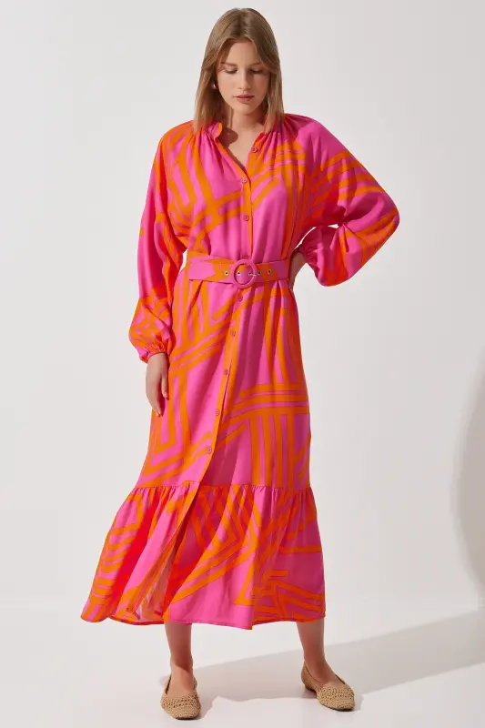 Women's Orange Belted Oversize Summer Viscose Dress ZH00034-Orange - 2