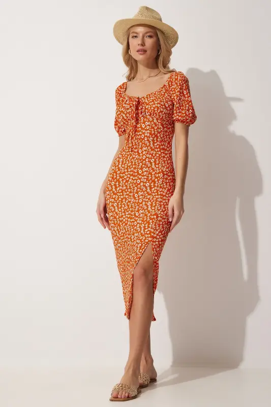 Women's Orange Carmen Collar Slit Summer Knitted Dress FF00113-Orange - 4