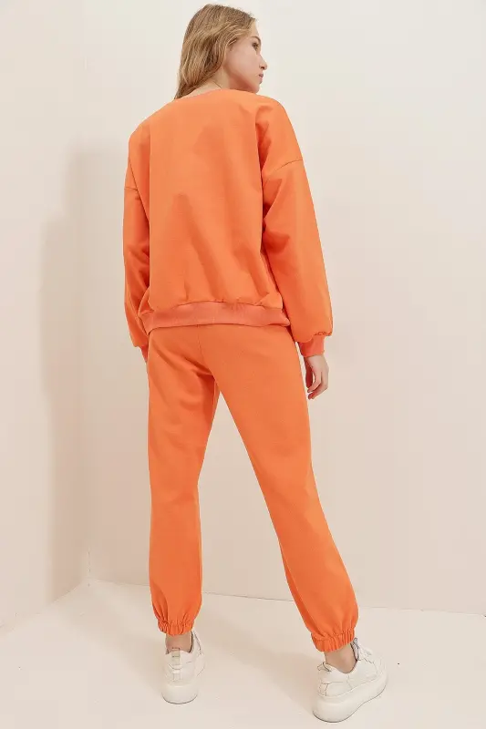 Women's Orange Crew Neck Elastic Waist and Cuff Two-Thread Basic Tracksuit ALC-507-669-001 - 7