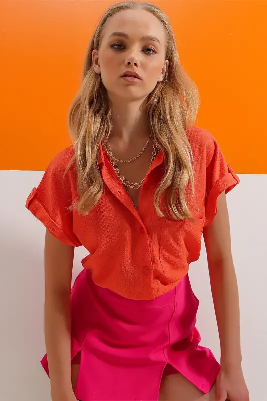 Women's Orange Cuff Double Short Sleeve Textured Shirt ALC-X8724-ORANGE - TREND ALAÇATI STILI