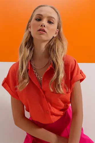 Women's Orange Cuff Double Short Sleeve Textured Shirt ALC-X8724-ORANGE - 2