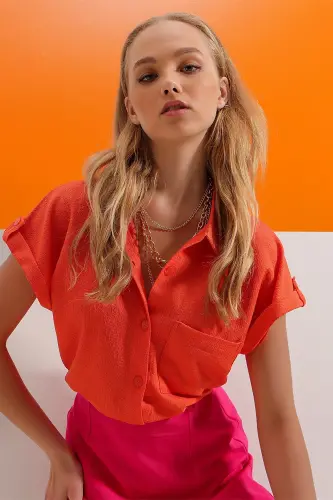 Women's Orange Cuff Double Short Sleeve Textured Shirt ALC-X8724-ORANGE - 3