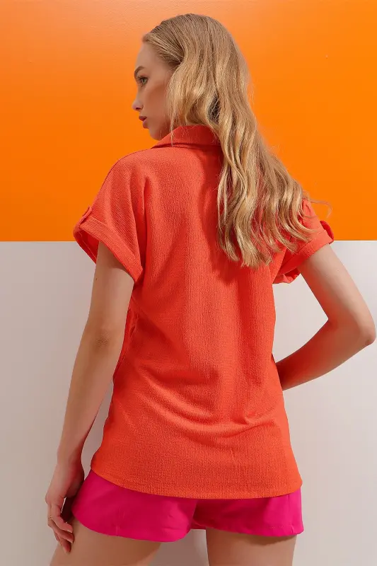 Women's Orange Cuff Double Short Sleeve Textured Shirt ALC-X8724-ORANGE - 5