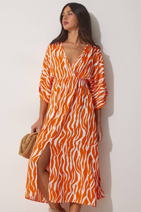 Women's Orange Deep V Neck Summer Long Viscose Dress CI00081 - 2