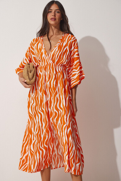 Women's Orange Deep V Neck Summer Long Viscose Dress CI00081 - 3