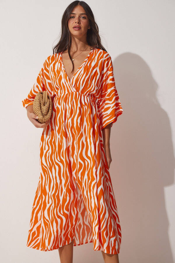 Women's Orange Deep V Neck Summer Long Viscose Dress CI00081 - 3