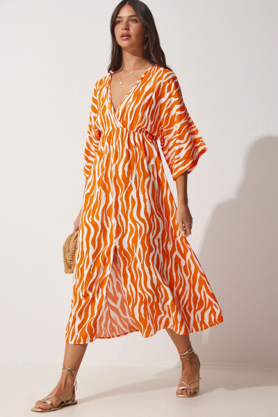 Women's Orange Deep V Neck Summer Long Viscose Dress CI00081 - 5