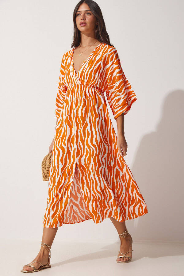 Women's Orange Deep V Neck Summer Long Viscose Dress CI00081 - 5