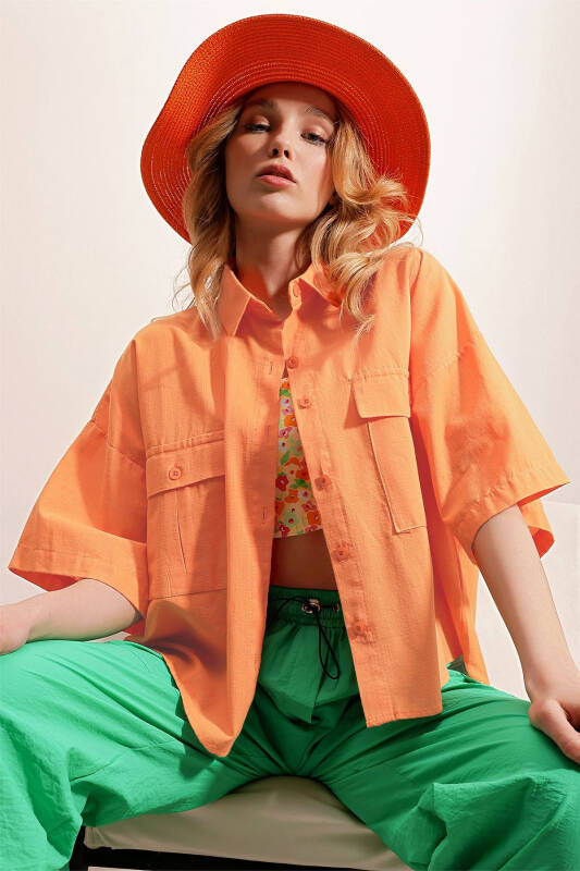 Women's Orange Double Pocket Half Sleeve Linen Shirt ALC-X9991 - 1