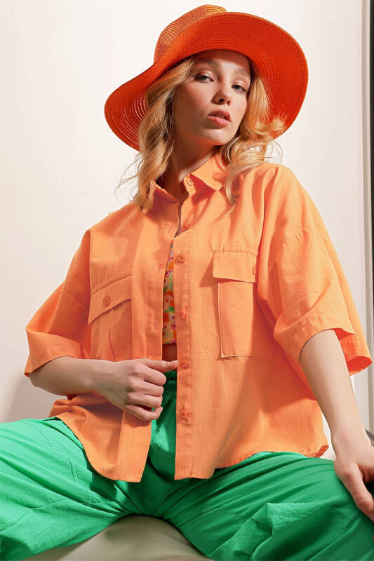 Women's Orange Double Pocket Half Sleeve Linen Shirt ALC-X9991 - 3
