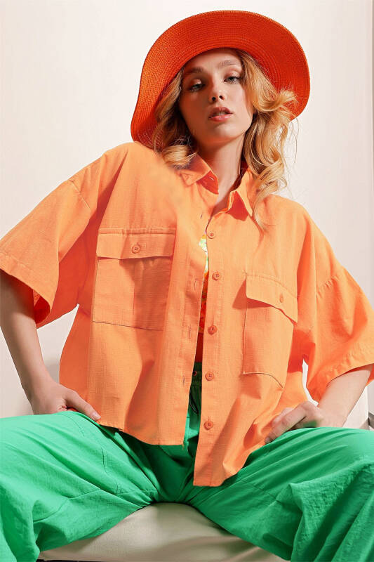 Women's Orange Double Pocket Half Sleeve Linen Shirt ALC-X9991 - 4