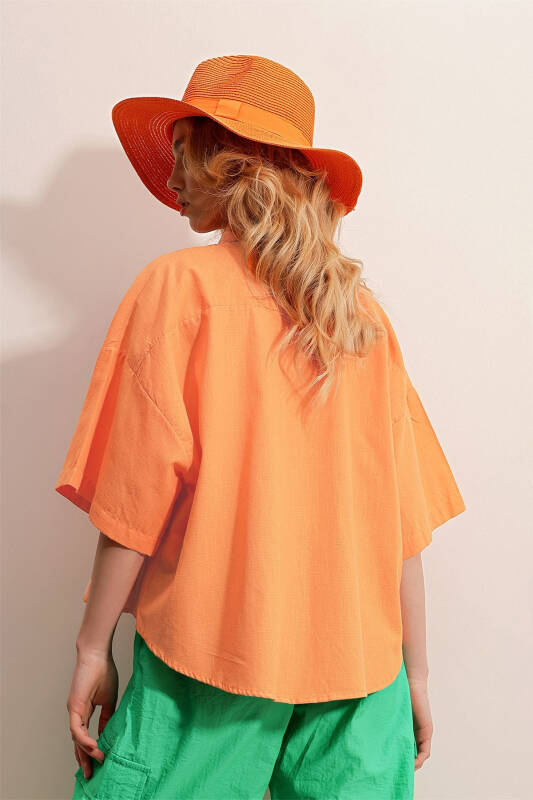 Women's Orange Double Pocket Half Sleeve Linen Shirt ALC-X9991 - 5