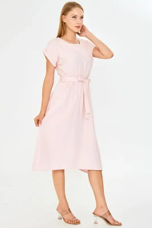 Women's Orange Elastic Waist Tie Dress ARM-18Y001133-Orange - 3