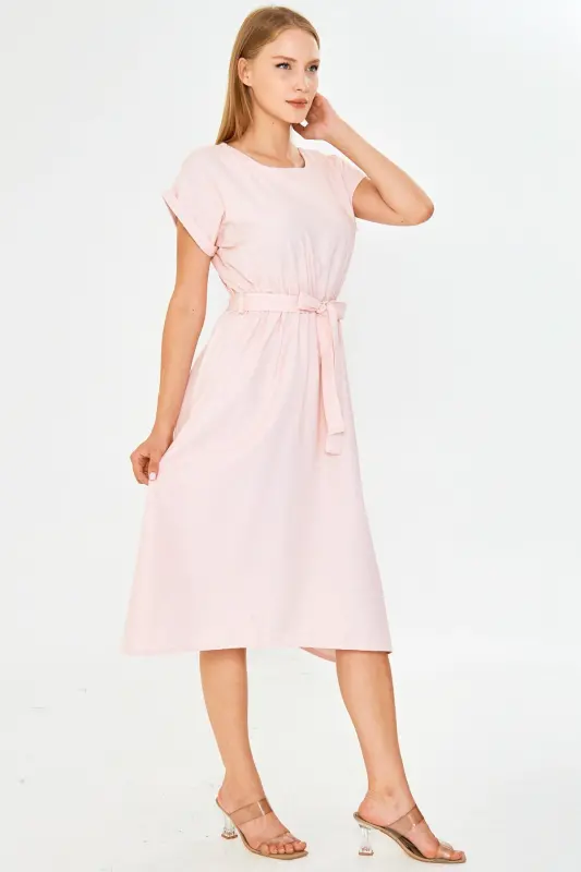 Women's Orange Elastic Waist Tie Dress ARM-18Y001133-Orange - 3