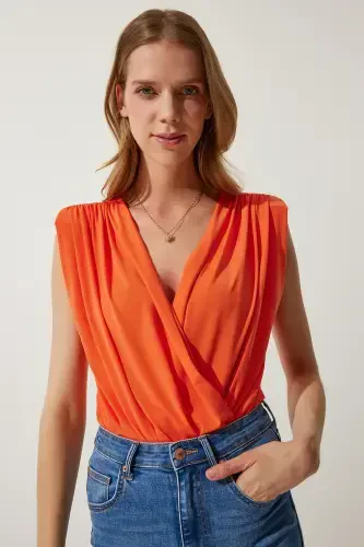 Women's Orange Envelope Collar Padded Knit Blouse ZH00014-Orange - 3