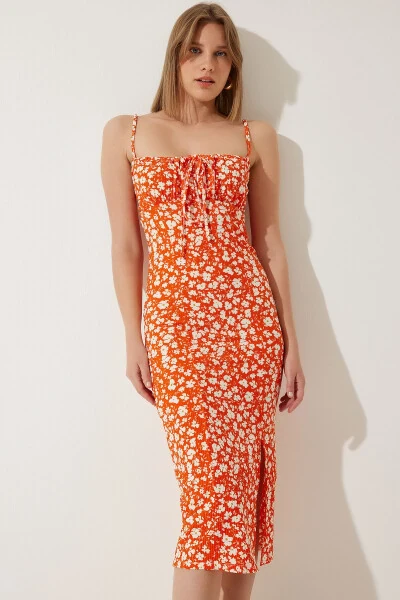 Women's Orange Floral Slit Summer Knit Dress CI00029 - HAPPINESS İSTANBUL
