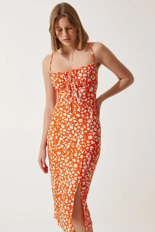 Women's Orange Floral Slit Summer Knit Dress CI00029 - 2