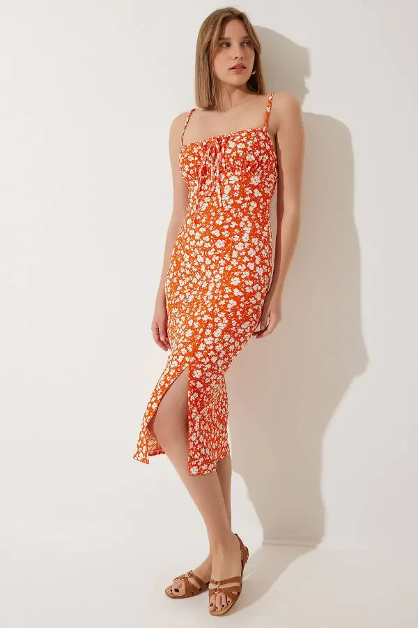 Women's Orange Floral Slit Summer Knit Dress CI00029 - 3